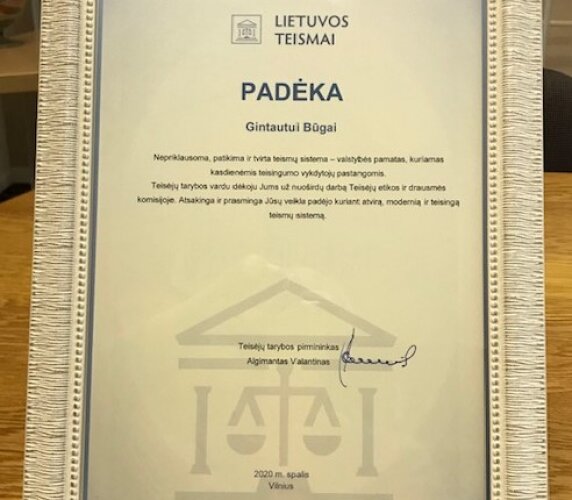 Teisėjų tarybos padėka teisėjui Gintautui Būgai
