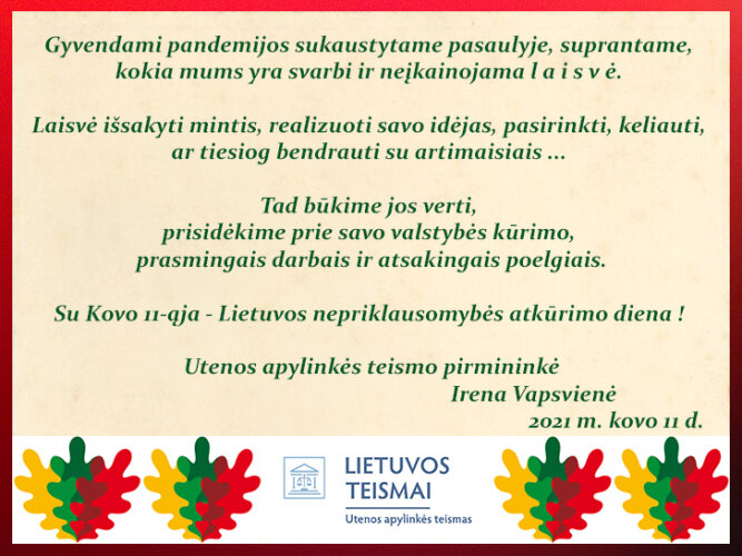 Sveikinimas su Lietuvos nepriklausomybės atkūrimo diena - Kovo 11 - ąja!