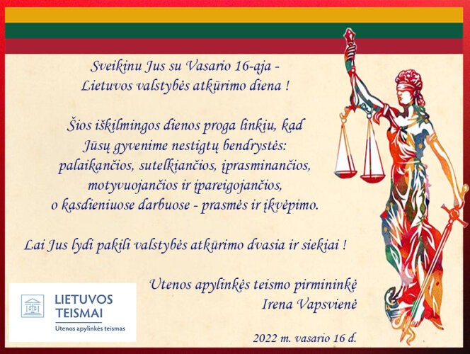 Sveikinimas su Lietuvos valstybės atkūrimo diena - Vasario 16-ąja!