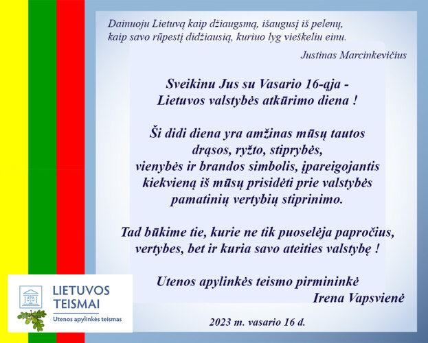 Sveikinimas su Lietuvos valstybės atkūrimo diena - Vasario 16-ąja!